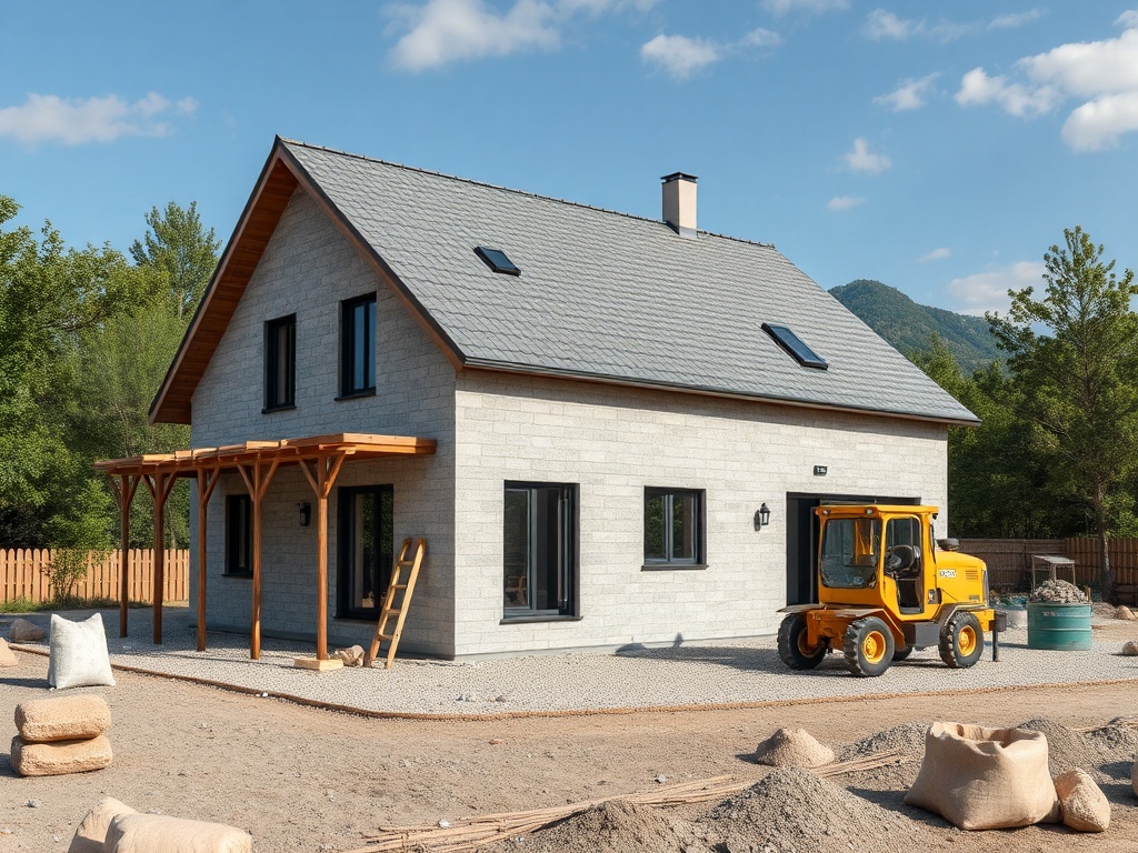 Современный дом с крышей из черепицы, желтым строительным автомобилем и строительными материалами вокруг.