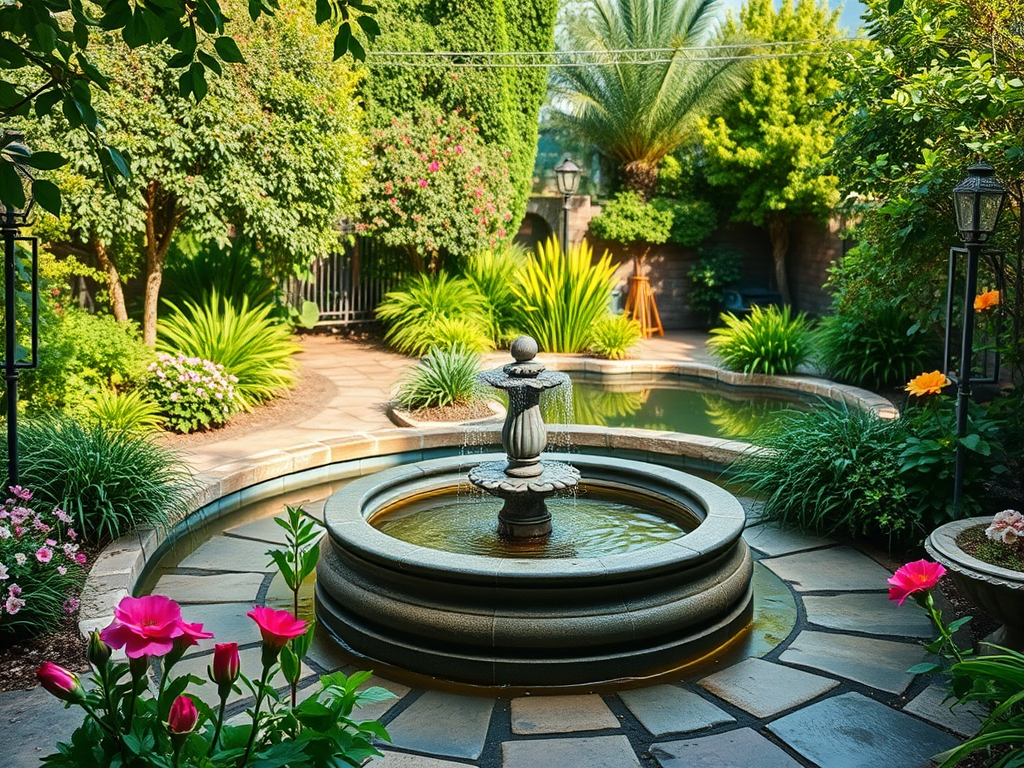 Сад с фонтаном, окруженным зелеными растениями и цветами, создающий атмосферу спокойствия и гармонии.