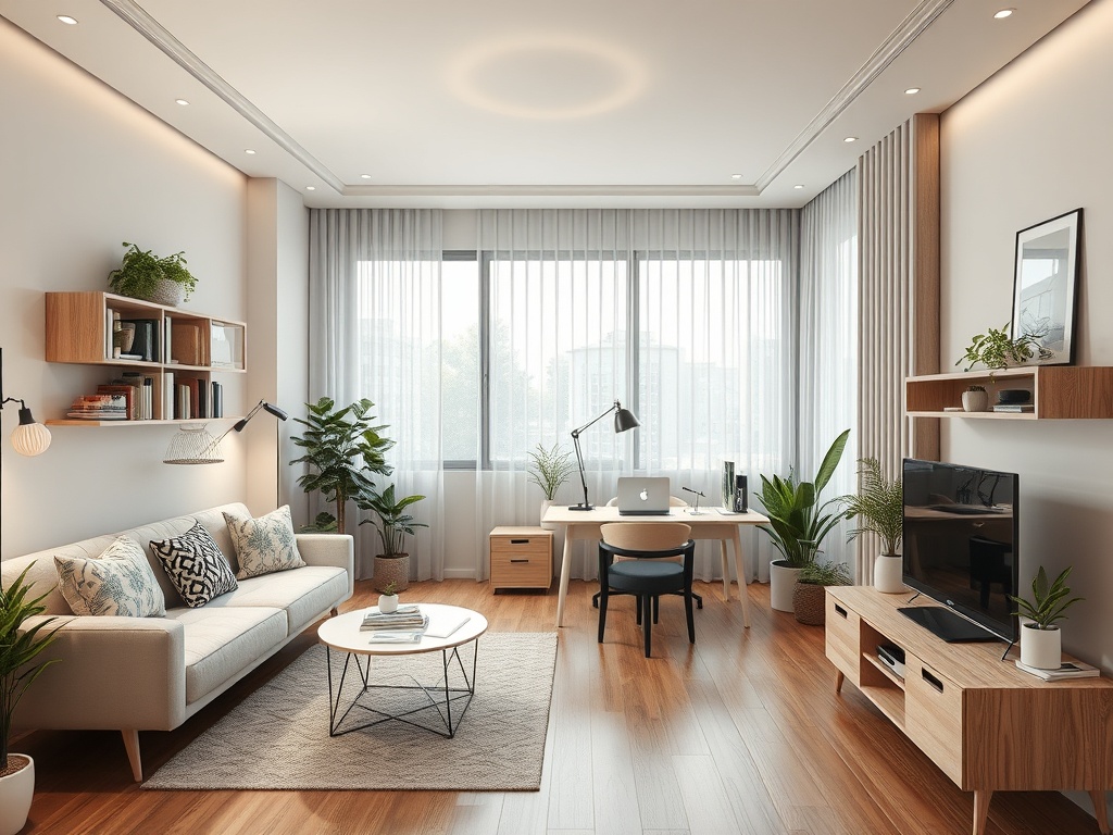 Современная светлая гостиная-офис с диваном, столом, растениями и большими окнами.