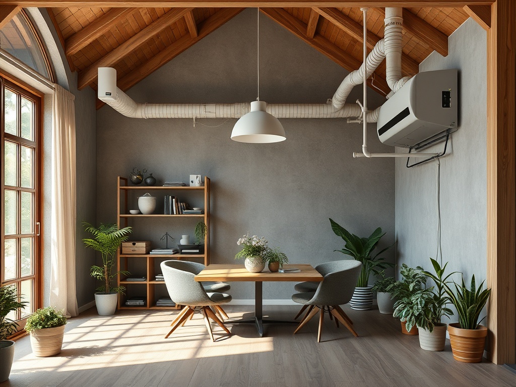 Уютный уголок с деревянным столом, стульями и растениями на фоне серой стены и высокого потолка.