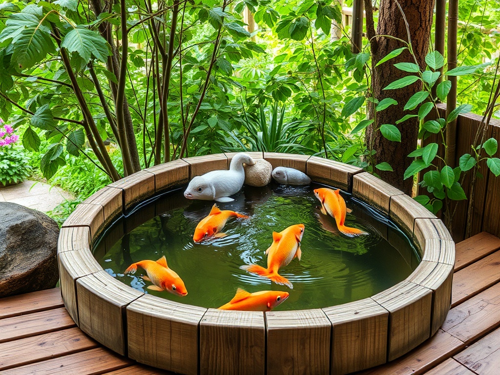 В пруду плавают золотые рыбки, среди зелени и декоративных камней, рядом белая уточка.