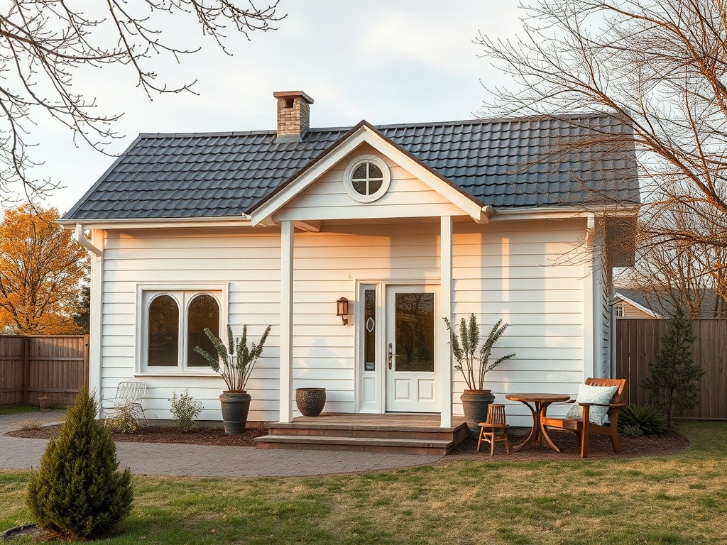 Красивая белая деревенская домик с крышей и окружением зелени, уютный уголок на заднем дворе.