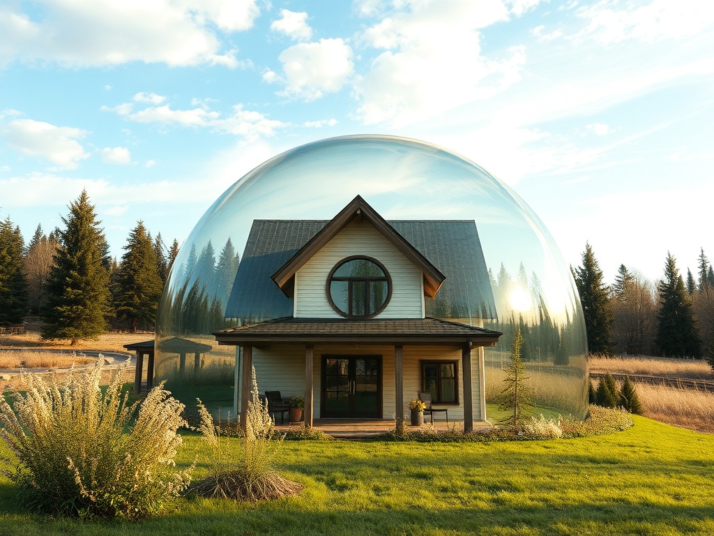 Дом в прозрачном куполе на фоне природы, окружённый зелеными насаждениями и мягким светом солнца.