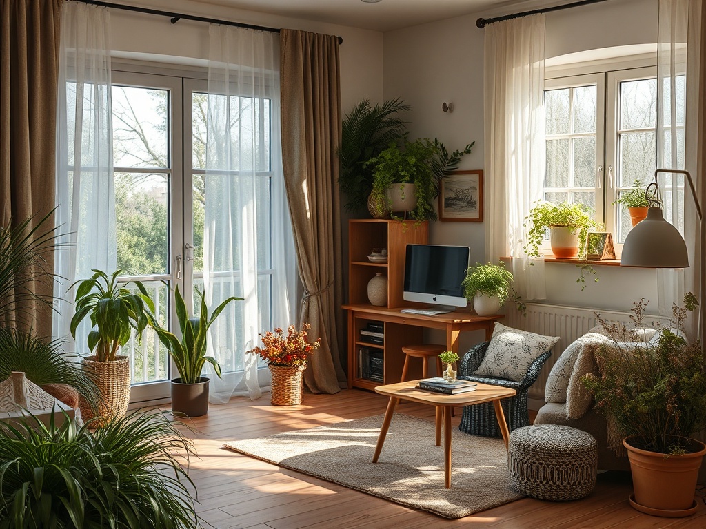 Светлая комната с окнами, растениями, мягкой мебелью и деревянными элементами интерьера.