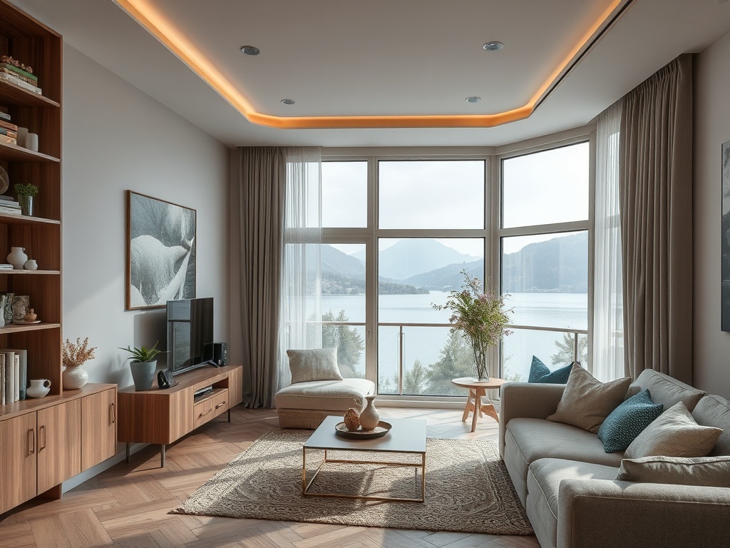 Современная гостиная с большими окнами, мягкой мебелью и видом на озеро и горы. Теплое освещение.