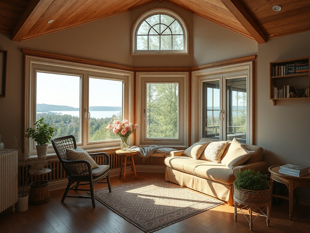 Просторная комната с окнами, выходящими на природу, уютная мебель и светлый интерьер.