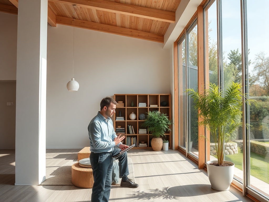 Мужчина читает на планшете, сидя в светлом помещении с большими окнами и зелеными растениями.