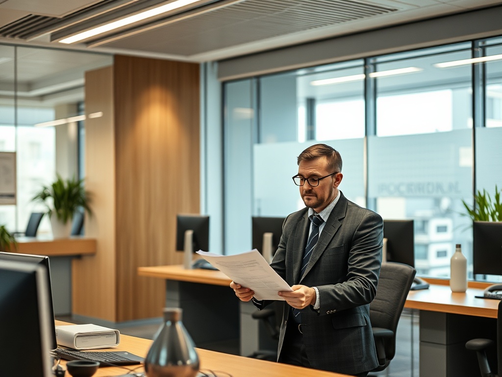 Мужчина в деловом костюме читает документы в современном офисе с большими окнами.