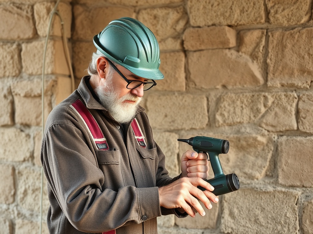 Пожилой мужчина в каске и рабочей одежде держит электродрель на фоне каменной стены.