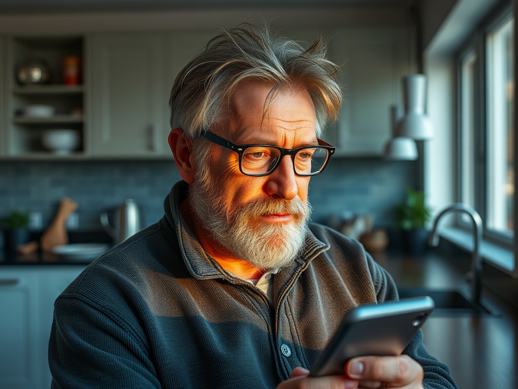 Пожилой мужчина с седой бородой смотрит на телефон в уютной кухне, освещённой солнечным светом.