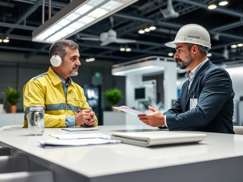 Два человека обсуждают рабочие вопросы в офисе: один в жилете, другой в костюме и каске.