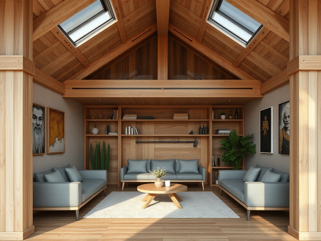 Современный интерьер с деревянными элементами, светлыми диванами и библиотекой на стене. Просторное и уютное пространство.