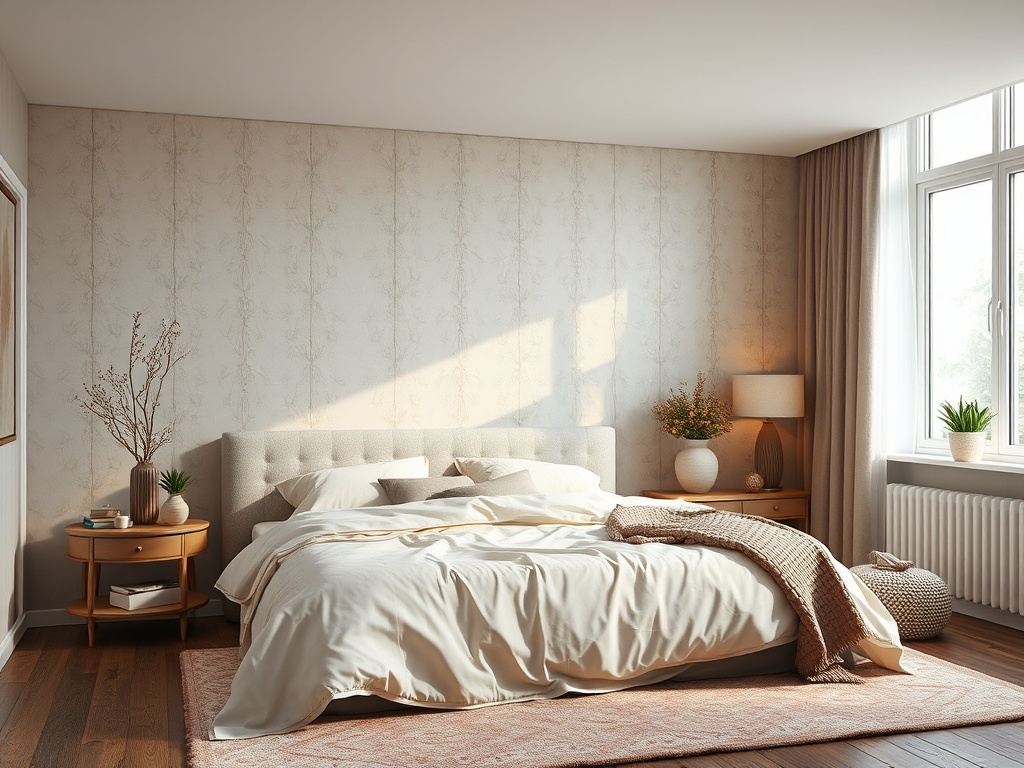 Современная спальня с уютной кроватью, светлыми стенами и натуральными элементами декора. Много света и комфорта.