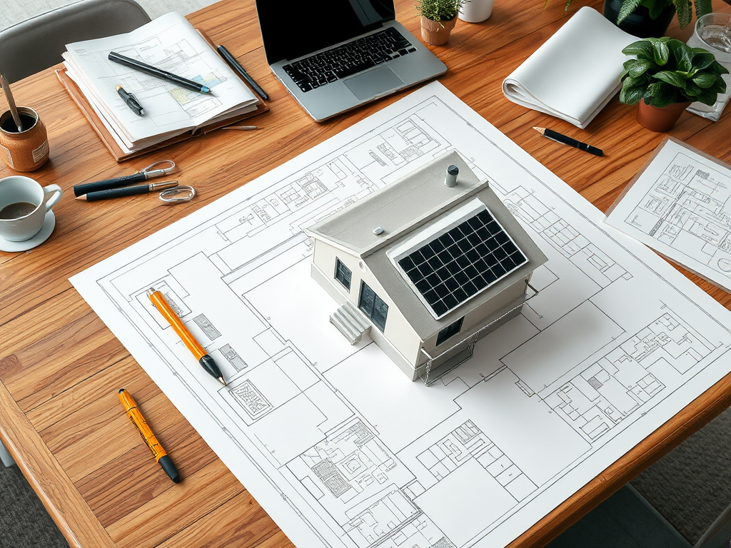 На столе чертежи здания, макет дома с солнечными панелями и офисные принадлежности.
