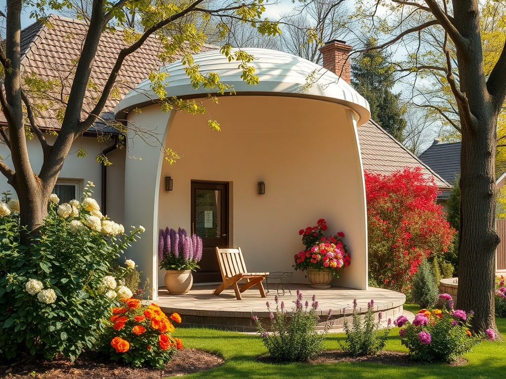 Современный дом с красивым фасадом, уютная веранда и яркие цветы в саду вокруг.