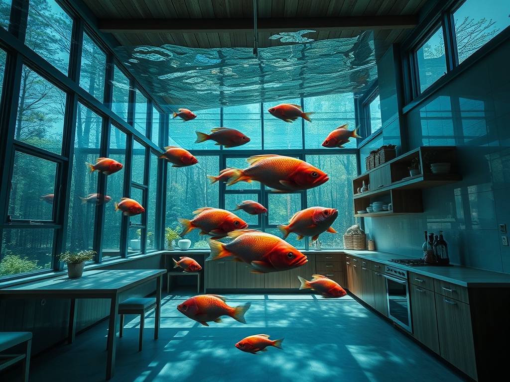 Внутри современного помещения плавают золотые рыбки под стеклянной крышей в окружении зеленого леса.