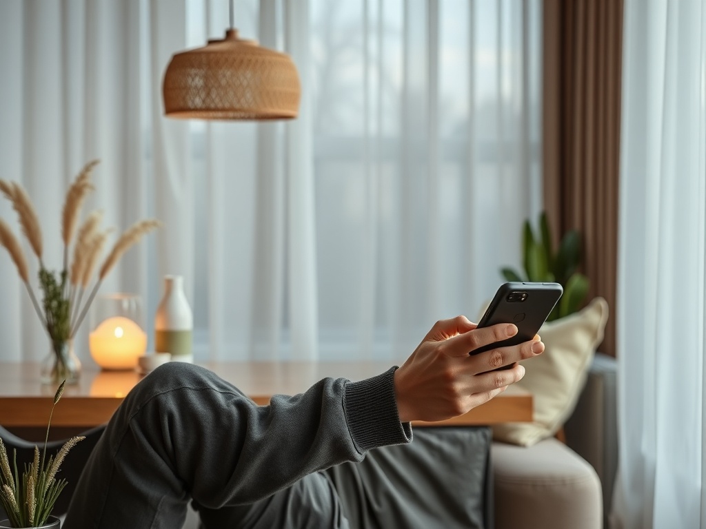 Человек в уютной обстановке сидит с телефоном, рядом с растениями и светящейся лампой.