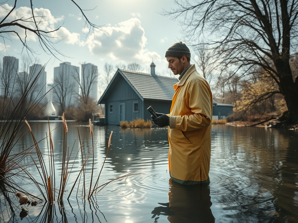 Мужчина в желтом дождевике стоит в воде рядом с домиком на берегу озера, держит телефон в руках.