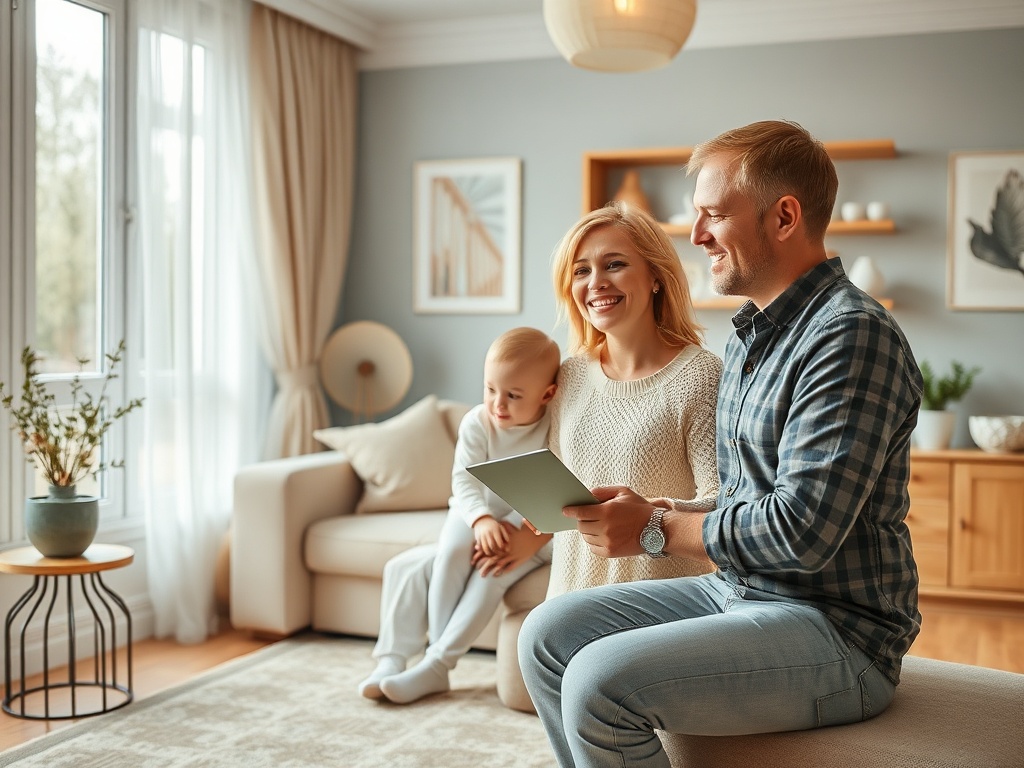 Счастливая семья в уютной гостиной, родитель читает книгу с планшета, ребенок сидит рядом.