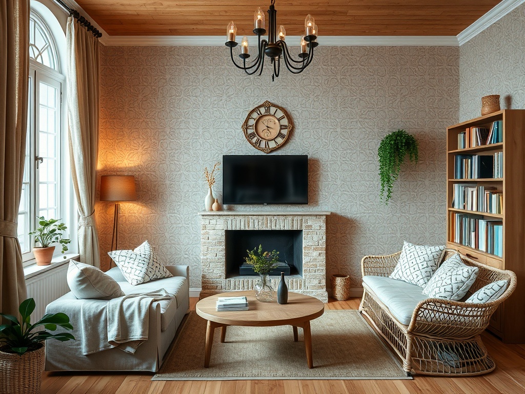 Уютная гостиная с диваном, книжным шкафом и телевизором на кирпичном камине, окруженная зелеными растениями.