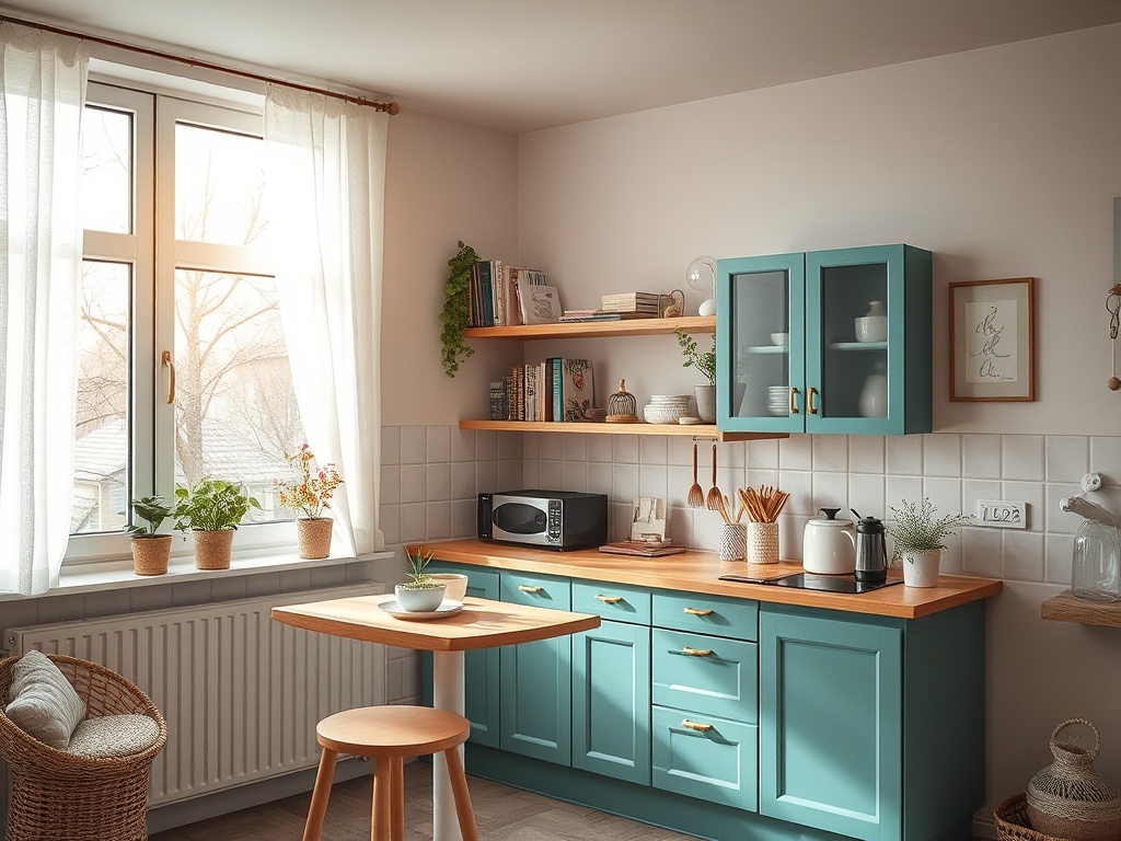 Светлая кухня с зелеными шкафами, деревянным столом и растениями на подоконнике, уютная и стильная.