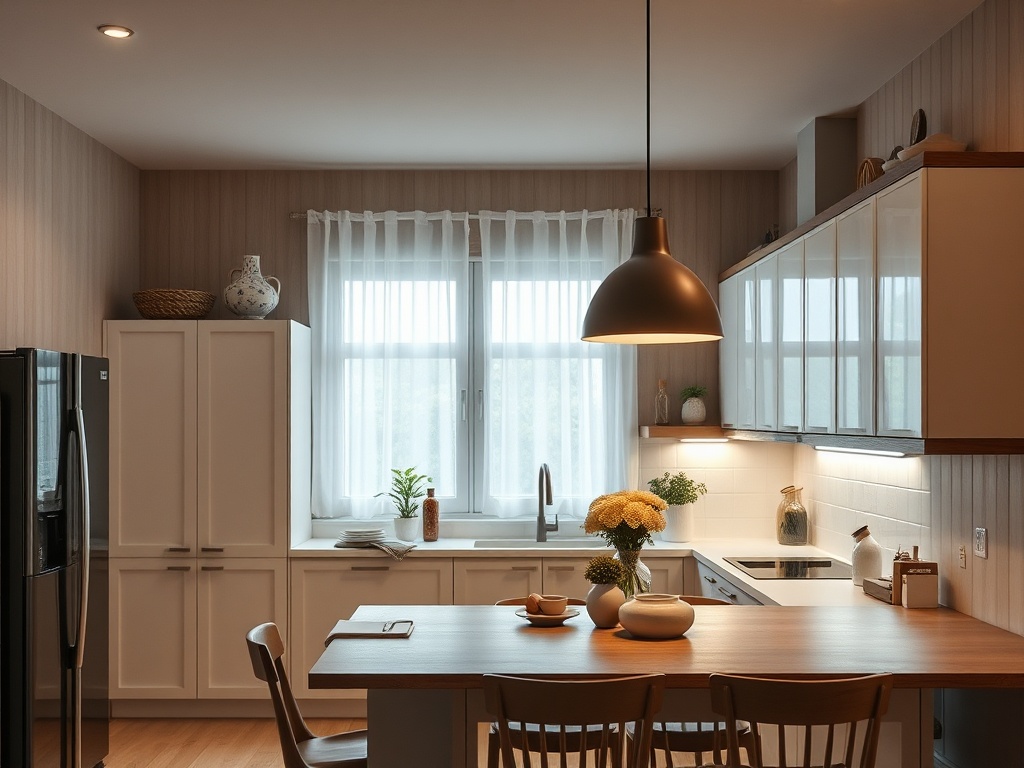 Современная кухня с деревянным столом, цветами и светом, проникающим через окна. Простор и уют.