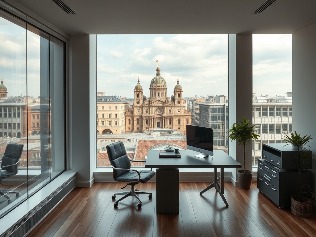 Вид из офисного окна на городскую панораму с историческим зданием и современными архитектурными формами.