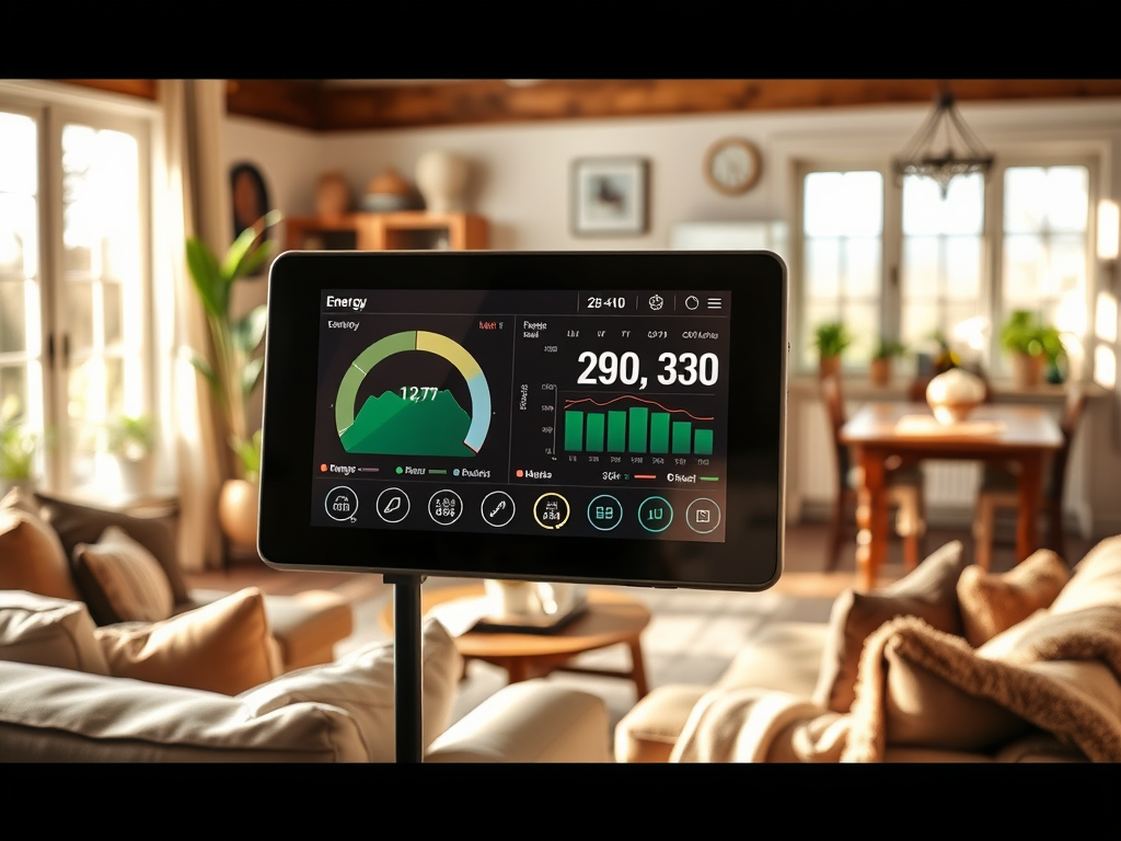 Экран с данными о потреблении энергии в современном интерьере: цифры и графики на фоне уютной комнаты.