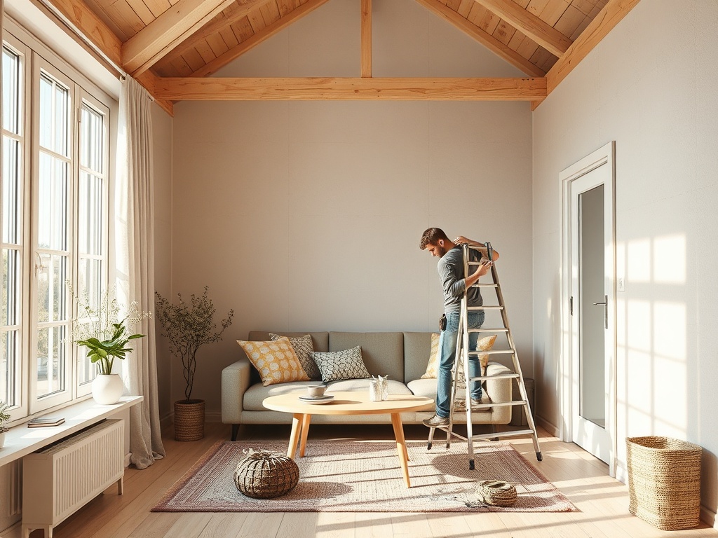 В просторной комнате мужчина стоит на лестнице и украшает диван под деревянным потолком.