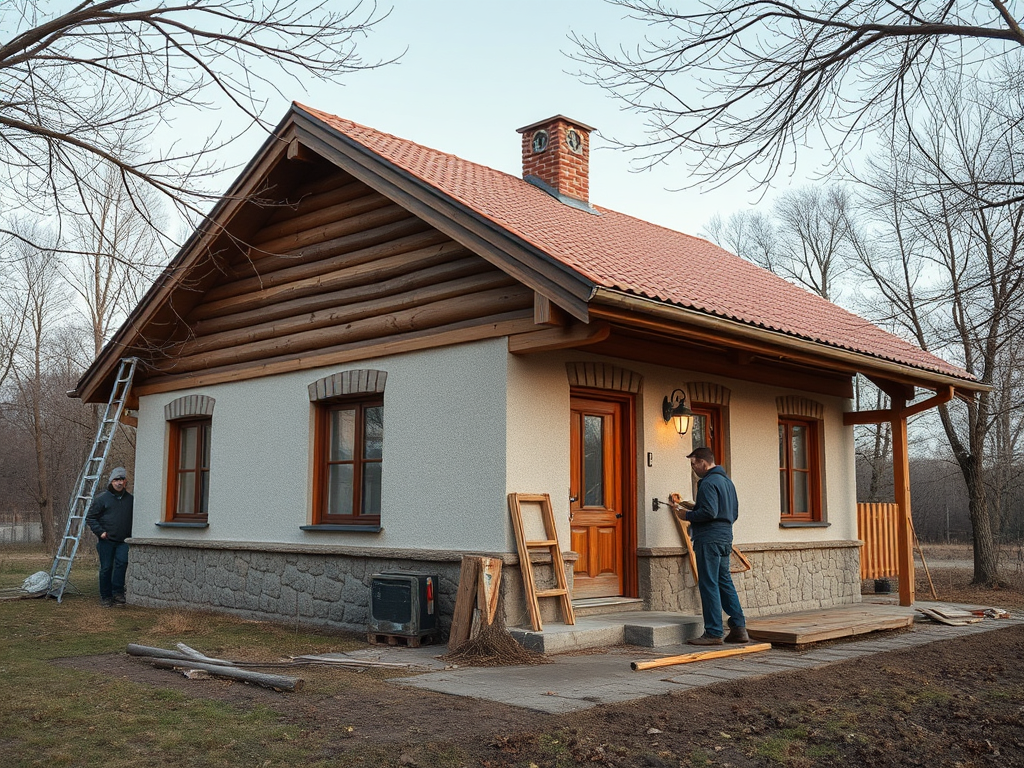 На изображении дом с деревянным сайдингом, рабочие занимаются его отделкой и ремонтом снаружи.