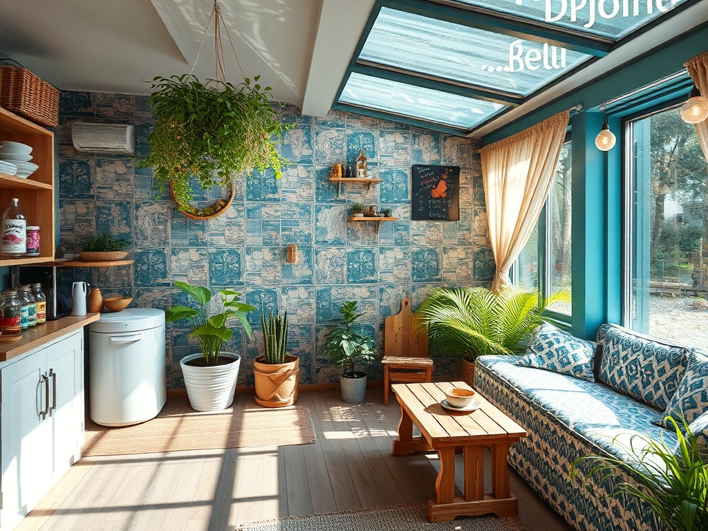 Светлое помещение с панорамными окнами, зелеными растениями и уютной мебелью, оформленное в светлых тонах.