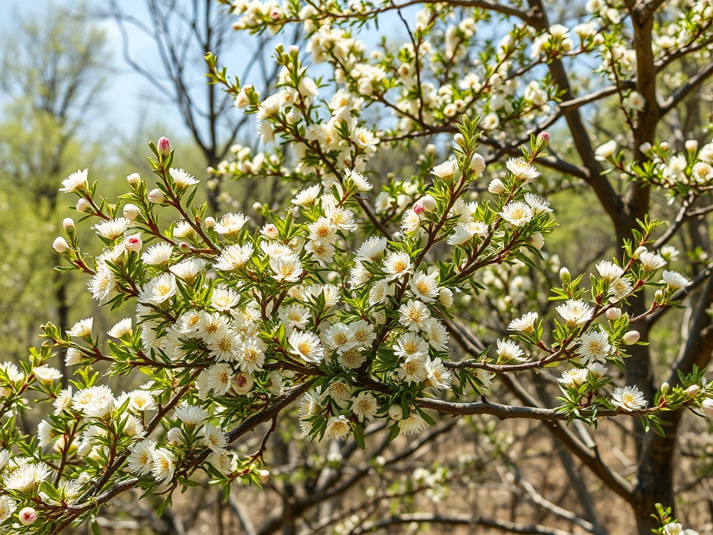 Цветущая ветка с белыми цветами и зелеными листьями на фоне весеннего неба.