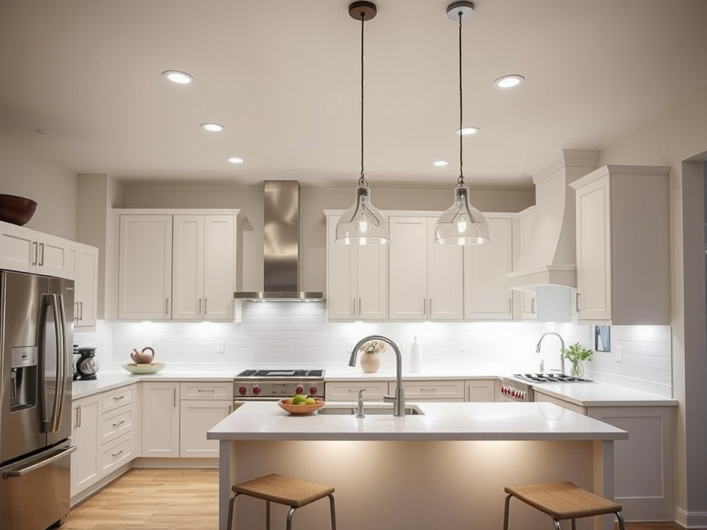 Современная кухня с белыми cabinets, островом и стильными подвесными светильниками.
