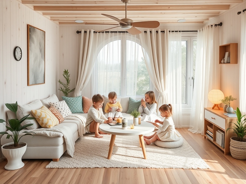 В светлом уютном помещении дети играют и проводят время с взрослыми за столом, наполненным закусками.