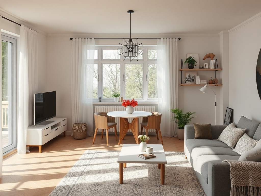 Светлая гостиная с обеденной зоной, телевизором, растениями и уютной мебелью. Большие окна наполняют комнату светом.